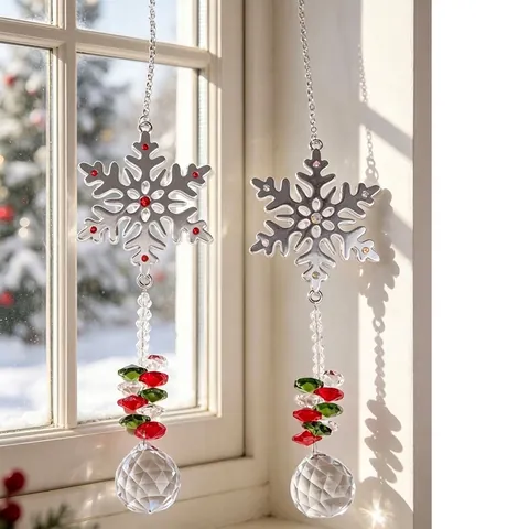 Christmas Crystal Snowflake Suncatcher Hanging Ornament With Colorful Beads And Prism Ball For Window Festive Home Decor