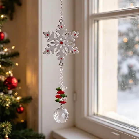 Christmas Crystal Snowflake Suncatcher Hanging Ornament With Colorful Beads And Prism Ball For Window Festive Home Decor