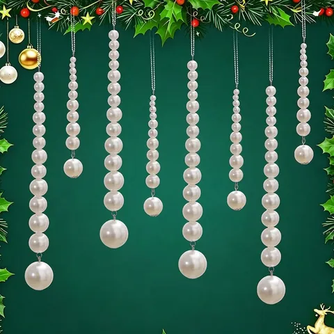 Christmas Artificial Pearl Beaded Hanging Ornaments For Tree Elegant White Faux Pearl Strands Garland For Holiday Festival Party Home Wall Decoration