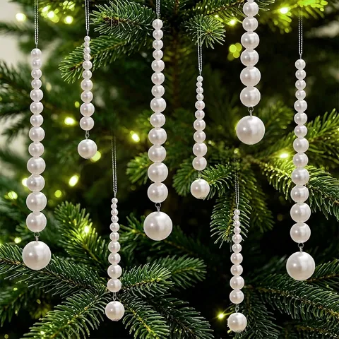Christmas Artificial Pearl Beaded Hanging Ornaments For Tree Elegant White Faux Pearl Strands Garland For Holiday Festival Party Home Wall Decoration