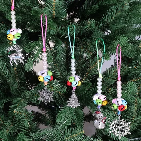 Multicolor Christmas Bells Hanging Ornaments With Artificial Pearl Alloy Reindeer Snowflake Snowman Christmas Tree Pendant Decor