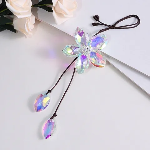 Iridescent Crystal Five-Leaf Flower Car Rearview Mirror Hanging Ornament Exquisite Braided Rope Car Pendant Interior Decor