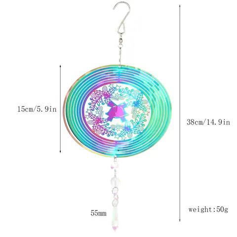 Carillon Éolien Rotatif 3D en Acier Inoxydable Coloré Imprimé Avec Pendentif en Cristal Pour Jardin Maison Mandala Papillon Ornement Solaire