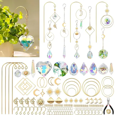 Artificial Crystal Suncatcher Kit With Alloy Moon Sun Geometry Pendants And Assembly Tools For Indoor Garden Decor Rainbow Maker