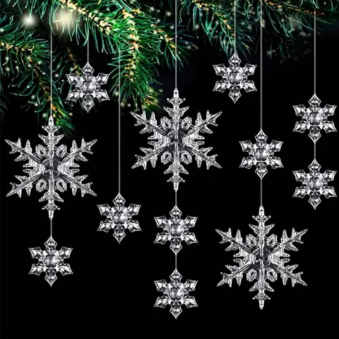 Adornos de Copo de Nieve de Navidad en Acrílico Transparente Colgantes de Plástico para Decoración de Fiestas y Hogar