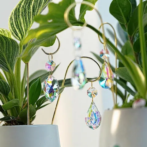 Crystal Suncatcher Plant Stakes Indoor Potted Gardening Hanging Prisms Alloy Rainbow Prism Decor For Living Room Garden
