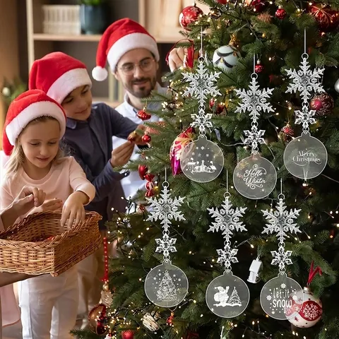 Adornos de Copo de Nieve de Acrílico Transparente Estampado Árbol de Navidad Papá Noel Etiquetas Redondas Para Decoración Colgante