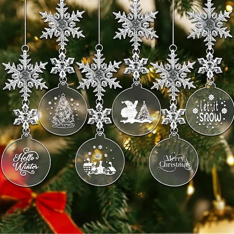 Adornos de Copo de Nieve de Acrílico Transparente Estampado Árbol de Navidad Papá Noel Etiquetas Redondas Para Decoración Colgante