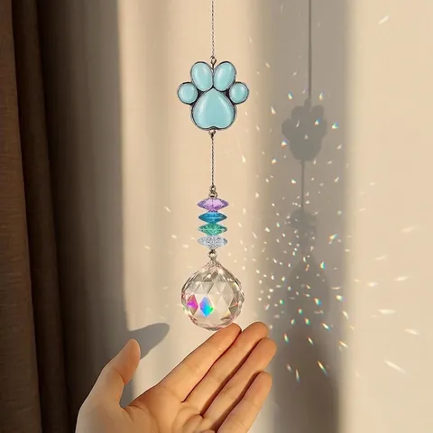 Pet Memorial Suncatcher Cat's Eye Stone Paw Print Rainbow Maker Crystal Ball Heart Hanging Ornament Window Home Decor