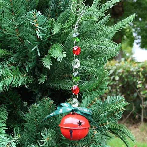 Adorno de Campana de Metal para Árbol de Navidad Con Cuentas de Acrílico Coloridas Cinta Verde Merry Christmas Campana Hueca Estrella