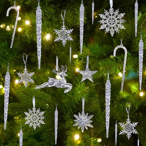 Adornos de Navidad de Acrílico Transparente Carámbanos de Cristal Copos de Nieve Reno Decoraciones Colgantes Árbol Navidad