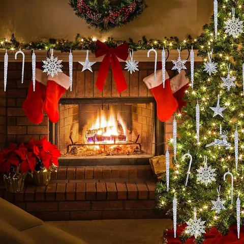 Adornos de Navidad de Acrílico Transparente Carámbanos de Cristal Copos de Nieve Reno Decoraciones Colgantes Árbol Navidad