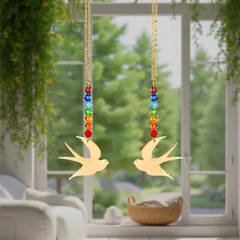 Golden Bird Crystal Suncatcher Rainbow Beads Car Rearview Mirror Hanging Ornament Window Wind Chime Home Garden Decoration Gift