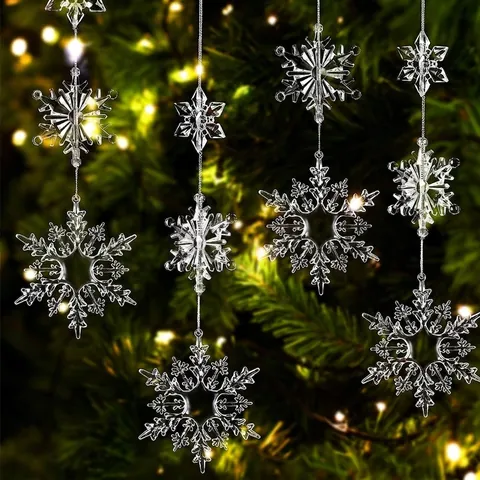 Clear Acrylic Christmas Snowflake Hanging Ornaments DIY Xmas Tree Decorations Crystal Effect Winter Holiday Party Props