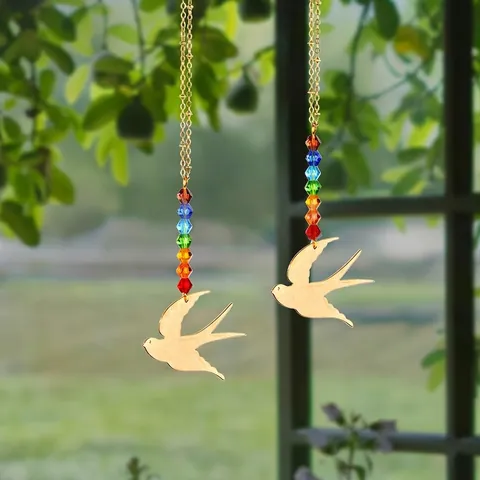 Golden Bird Crystal Suncatcher Rainbow Beads Car Rearview Mirror Hanging Ornament Window Wind Chime Home Garden Decoration Gift