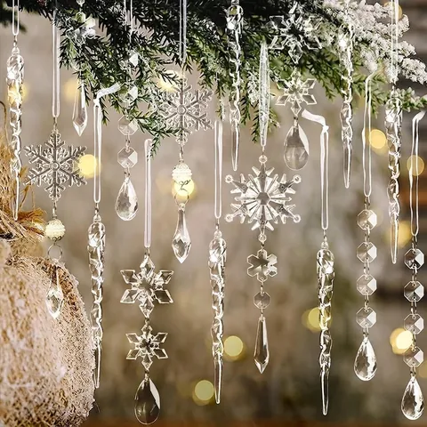 Christmas Snowflake Icicle Ornaments Set Plastic Crystal Look Hanging Decorations for Xmas Tree Home Party Winter Decor