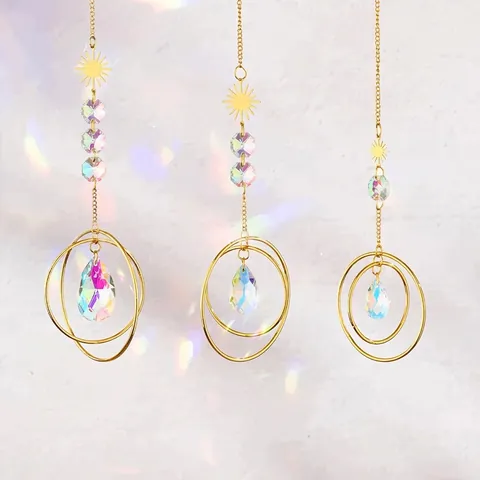 Crystal Suncatchers Prism Rainbow Maker Sun Pendant Gold Metal Chain Hanging Ornament For Window Garden Patio Outdoor Home Decor