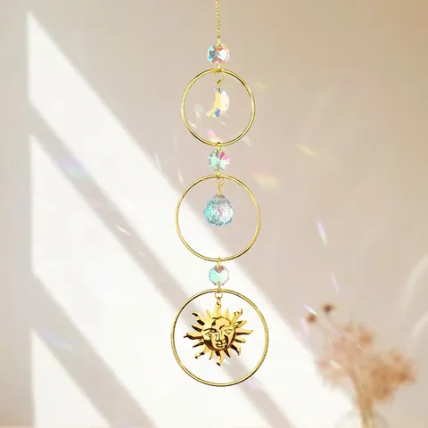 Bohemian Crystal Suncatcher Hanging Ornament Moon Sun Water Drop Gold Metal Prism For Window Outdoor Garden Home Decor