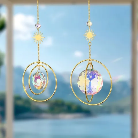 Kristall Sonnenfänger Windspiel 2er Set Gold Legierung AB Regenbogen Kristallkugel Suncatcher Für Garten Fenster Terrasse Dekor