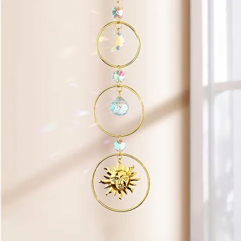 Bohemian Crystal Suncatcher Hanging Ornament Moon Sun Water Drop Gold Metal Prism For Window Outdoor Garden Home Decor