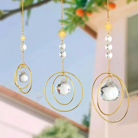 Set di Decorazioni Pendenti Acchiappasole in Cristallo Sfera di Cristallo Sfaccettata in Ferro Oro Metallo Sole Pendente Casa