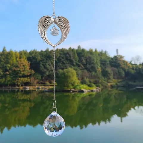 Angel Wings Heart Crystal Suncatcher Pet Memorial Gift Rainbow Maker Hanging Ornament With Paw Print Charm Crystal Ball Decor