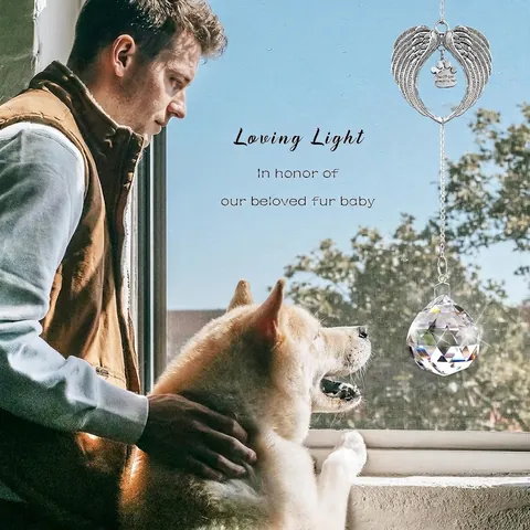 Angel Wings Heart Crystal Suncatcher Pet Memorial Gift Rainbow Maker Hanging Ornament With Paw Print Charm Crystal Ball Decor
