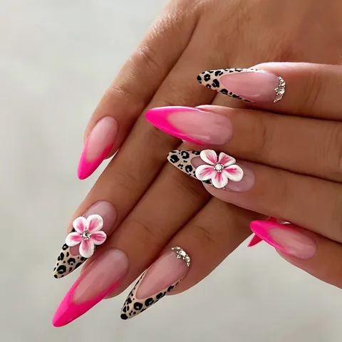 Handmade 3D Flower Press On Nails Long Almond French Leopard Print Pink False Nails 24Pcs Set With Adhesive Tabs For Women