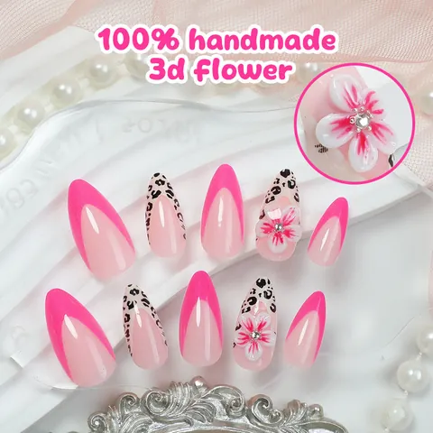 Handmade 3D Flower Press On Nails Long Almond French Leopard Print Pink False Nails 24Pcs Set With Adhesive Tabs For Women