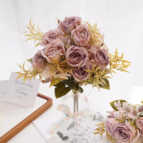Bouquet de Roses Artificielles Anna de Style Européen Roses Vintage en Tissu de Soie pour Décoration de Table Maison Hôtel Mariage 30cm