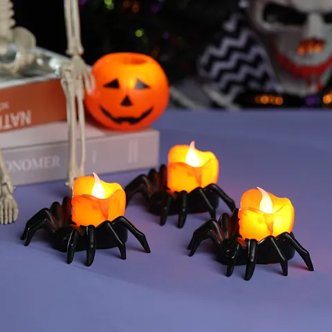 Bougie LED Araignée Halloween Flamme Scintillante Orange Alimentée par Batterie Lampe Araignée en Plastique Décor Fête Maison Bar