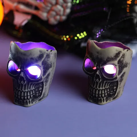 Halloween Skeleton Head LED Light Skull Figurine Ornament Purple Glowing Mini Candle Holder Cup Table Decor Party Props