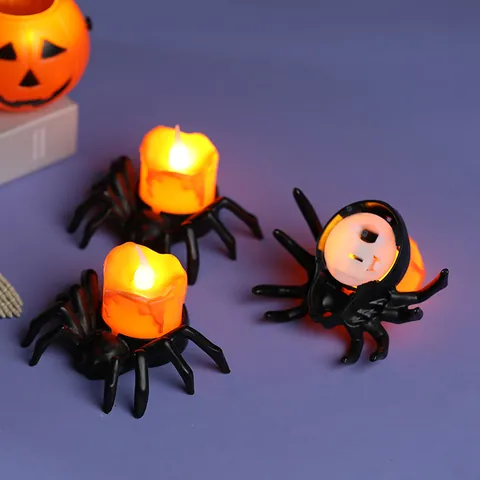Bougie LED Araignée Halloween Flamme Scintillante Orange Alimentée par Batterie Lampe Araignée en Plastique Décor Fête Maison Bar