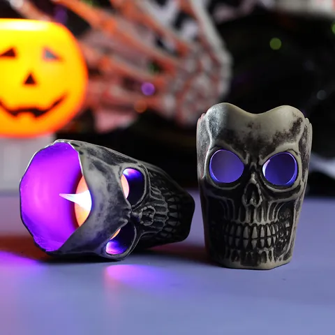 Halloween Skeleton Head LED Light Skull Figurine Ornament Purple Glowing Mini Candle Holder Cup Table Decor Party Props