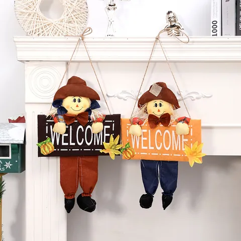 Halloween Cartoon Vogelscheuche Willkommensschild Hängende Dekoration Stoff Kürbis Ahornblatt Tür Wand Anhänger Für Zuhause Party Hotel Dekor