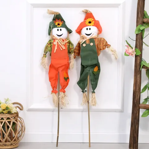 Halloween Decoration Funny Scarecrow Prop For Hotel Mall Window Scene Layout Straw Cloth Ornament Orange Green Hat Style