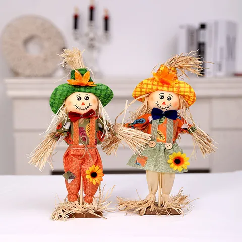 Halloween Harvest Scarecrow Ornament Standing Doll With Wooden Base Fall Decoration For Home Party Mall Restaurant Office