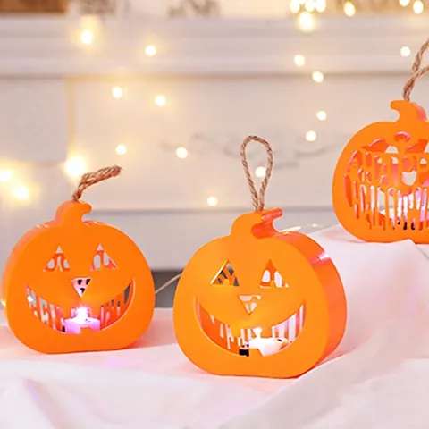 Halloween LED Pumpkin Hanging Lamp Plastic Hemp Rope Handle Hollow Out Decor For Party Holiday Indoor Outdoor Night Light