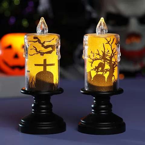 Halloween LED Electronic Candle Light Black High Feet Silhouette Bat Haunted House Spooky Atmosphere Decorative Lamp For Bar Party Home