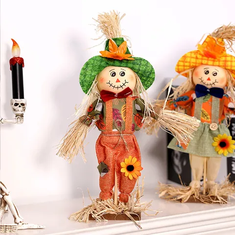 Halloween Harvest Scarecrow Ornament Standing Doll With Wooden Base Fall Decoration For Home Party Mall Restaurant Office