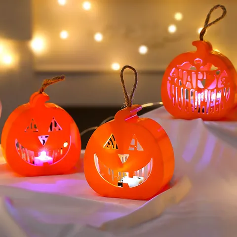 Halloween LED Pumpkin Hanging Lamp Plastic Hemp Rope Handle Hollow Out Decor For Party Holiday Indoor Outdoor Night Light