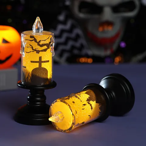 Halloween LED Electronic Candle Light Black High Feet Silhouette Bat Haunted House Spooky Atmosphere Decorative Lamp For Bar Party Home
