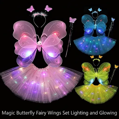LED Light Up Butterfly Wings Fairy Wand Headband Star Tutu Skirt Kids Halloween Party Costume Performance Stage Prop