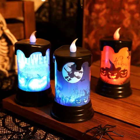 Halloween LED Candle Light Plastic Flameless Electronic Pumpkin Skull Pattern Party Decoration Night Light For Bar Mall