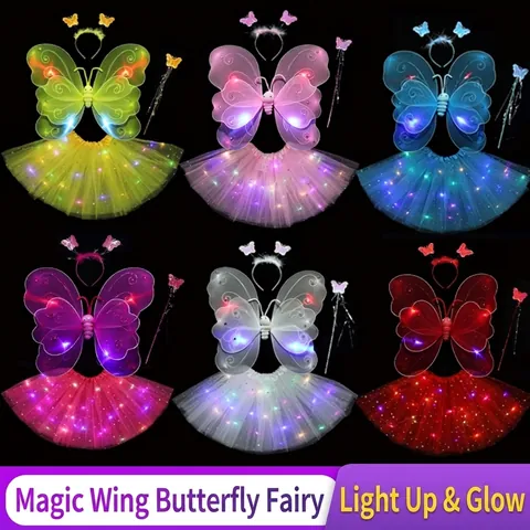 LED Light Up Butterfly Wings Fairy Wand Headband Star Tutu Skirt Kids Halloween Party Costume Performance Stage Prop