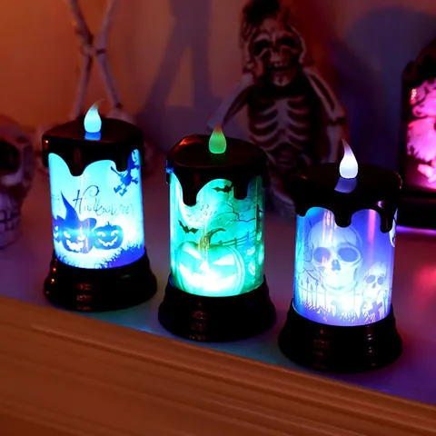 Halloween LED Candle Light Plastic Flameless Electronic Pumpkin Skull Pattern Party Decoration Night Light For Bar Mall