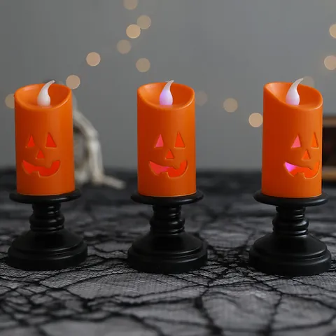 Halloween LED Pumpkin Candle Light Vintage Black Candlestick Base Jack-O-Lantern Electronic Tea Light For Desktop Atmosphere Decoration Party Props