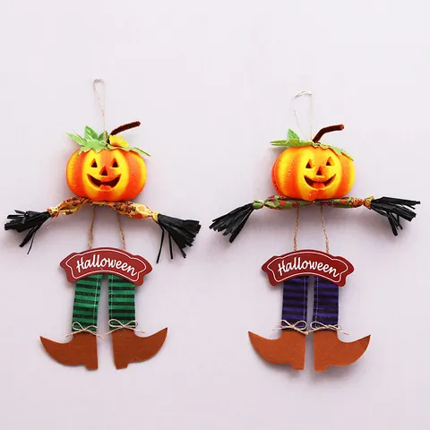 Halloween Pumpkin Head Hanging Ornament Striped Legs Scarecrow Fabric Door Plaque For Bar KTV Home Party Decorations
