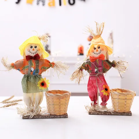 Halloween Stehende Vogelscheuche Ornament mit Bambuskorb Handgewebte Stroh Dekoration für Party Zimmer Tischdeko