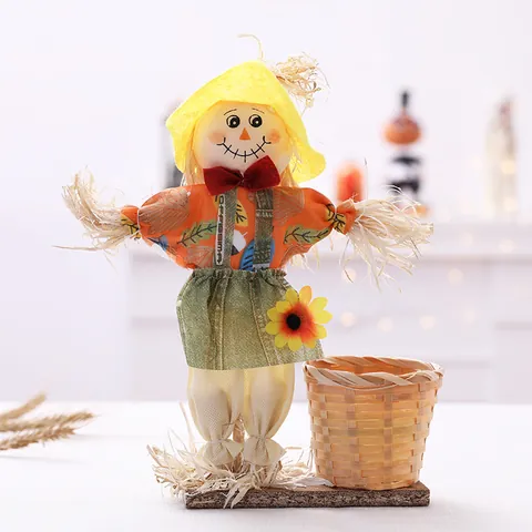 Halloween Stehende Vogelscheuche Ornament mit Bambuskorb Handgewebte Stroh Dekoration für Party Zimmer Tischdeko